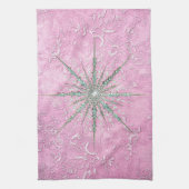 ティール（緑がかった色）のスノーフレークエレガント紫ヴィンテージ冬 キッチンタオル (縦)