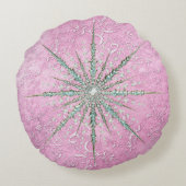 ティール(緑がかった色)のスノーフレークエレガント紫ヴィンテージ冬 ラウンドクッション (裏面)