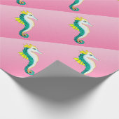 ティール（緑がかった色）のタツノオトシゴのピンク ラッピングペーパー (角)