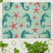 ティール（緑がかった色）のタツノオトシゴパターン2 キッチンタオル (折り畳み)