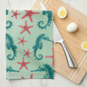 ティール（緑がかった色）のタツノオトシゴパターン2 キッチンタオル (四つ折り)