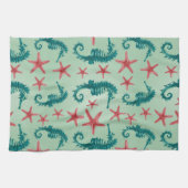 ティール（緑がかった色）のタツノオトシゴパターン2 キッチンタオル (横)