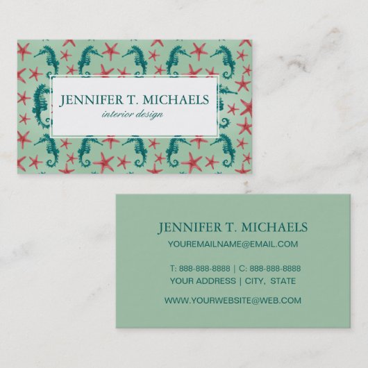 ティール(緑がかった色)のタツノオトシゴパターン 名刺 (正面/裏面)