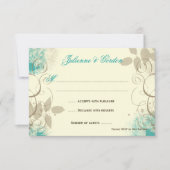 ティール（緑がかった色）のタンのグランジな渦巻の葉の応答カード 出欠カード (正面)