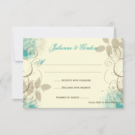 ティール（緑がかった色）のタンのグランジな渦巻の葉の応答カード 出欠カード (正面)