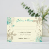 ティール（緑がかった色）のタンのグランジな渦巻の葉の応答カード 出欠カード (スタンド正面)