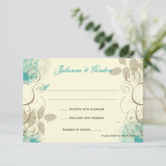 ティール(緑がかった色)のタンのグランジな渦巻の葉の応答カード 出欠カード (スタンド正面)