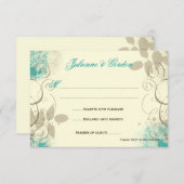 ティール（緑がかった色）のタンのグランジな渦巻の葉の応答カード 出欠カード (正面/裏面)