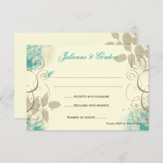 ティール（緑がかった色）のタンのグランジな渦巻の葉の応答カード 出欠カード (正面/裏面)