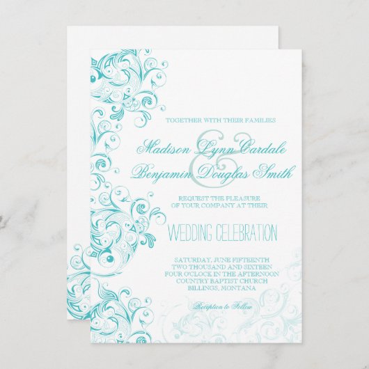 ティール（緑がかった色）のターコイズの水の華麗さの結婚式招待状 招待状 (正面/裏面)