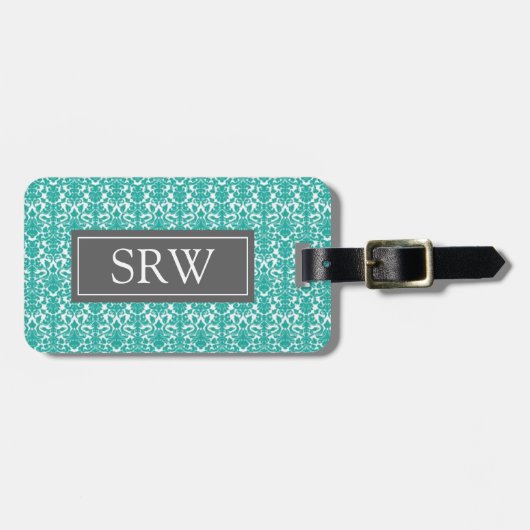 ティール（緑がかった色）のダマスク織のカスタムなモノグラムの荷物のラベル ラゲッジタグ (正面横)