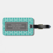 ティール（緑がかった色）のダマスク織のカスタムなモノグラムの荷物のラベル ラゲッジタグ (裏面横)