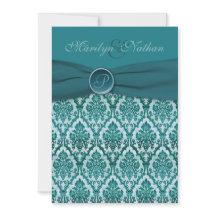 ティール（緑がかった色）のダマスク織のモノグラムのな結婚式招待状