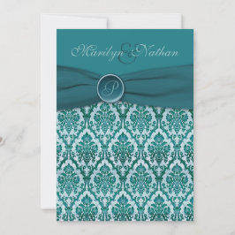 ティール（緑がかった色）のダマスク織のモノグラムのな結婚式招待状 招待状