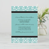 ティール（緑がかった色）のダマスク織の写真の婚約パーティの招待状 招待状 (スタンド正面)
