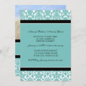 ティール（緑がかった色）のダマスク織の写真の婚約パーティの招待状 招待状 (正面/裏面)