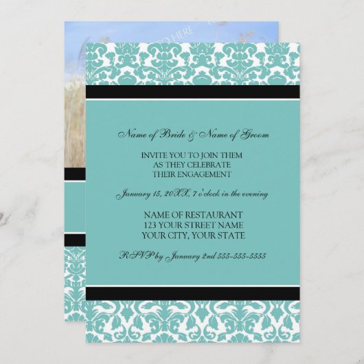 ティール(緑がかった色)のダマスク織の写真の婚約パーティの招待状 招待状 (正面/裏面)