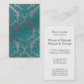ティール（緑がかった色）のダマスク織の切口のビロード、銀製の金属及び灰色 名刺 (正面/裏面)
