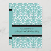 ティール(緑がかった色)のダマスク織の第18バースデーパーティ招待状 招待状 (正面/裏面)