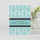 ティール（緑がかった色）のダマスク織の第21バースデーパーティ招待状 招待状 (スタンド正面)