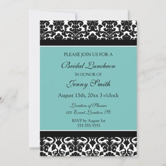 ティール（緑がかった色）のダマスク織の花嫁の昼食会の招待状カード 招待状 (裏面)