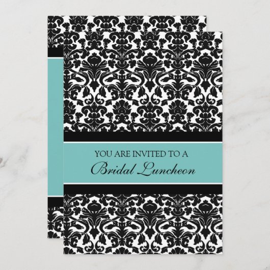 ティール（緑がかった色）のダマスク織の花嫁の昼食会の招待状カード 招待状 (正面/裏面)