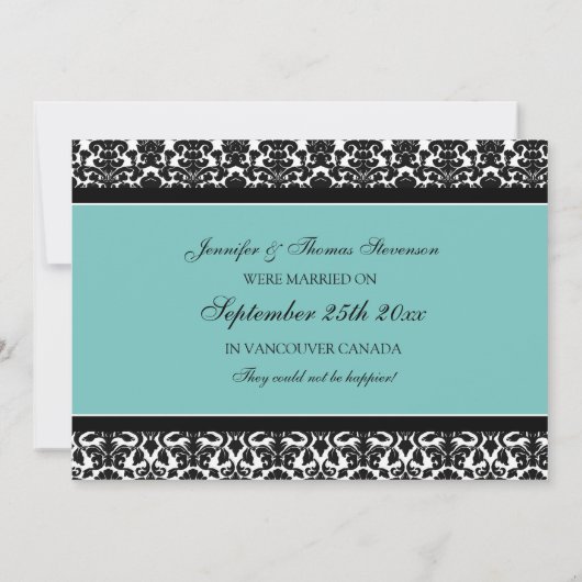 ティール（緑がかった色）のダマスク織の駆け落ちの発表カード 案内状 (裏面)