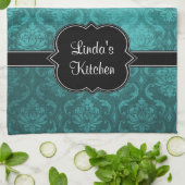 ティール（緑がかった色）のダマスク織の黒のパーソナライズな台所タオル キッチンタオル (折り畳み)