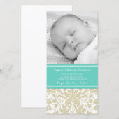 ティール（緑がかった色）のダマスク織はベビーシャワーの写真カード感謝していしています サンキューカード (正面/裏面)