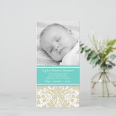 ティール（緑がかった色）のダマスク織はベビーシャワーの写真カード感謝していしています サンキューカード (スタンド正面)