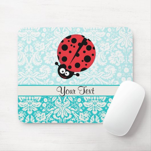ティール(緑がかった色)のダマスク織パターンてんとう虫 マウスパッド (マウス)