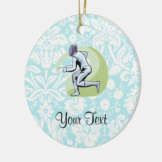 ティール(緑がかった色)のダマスク織パターンフェンシング セラミックオーナメント (左)