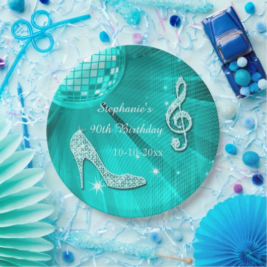 ティール(緑がかった色)のディスコの球およびかかとの第90誕生日 ペーパープレート (パーティー)