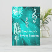 ティール(緑がかった色)のディスコの球およびレトロのマイクロフォンのSweet sixteen 招待状 (スタンド正面)