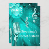 ティール(緑がかった色)のディスコの球およびレトロのマイクロフォンのSweet sixteen 招待状 (正面/裏面)