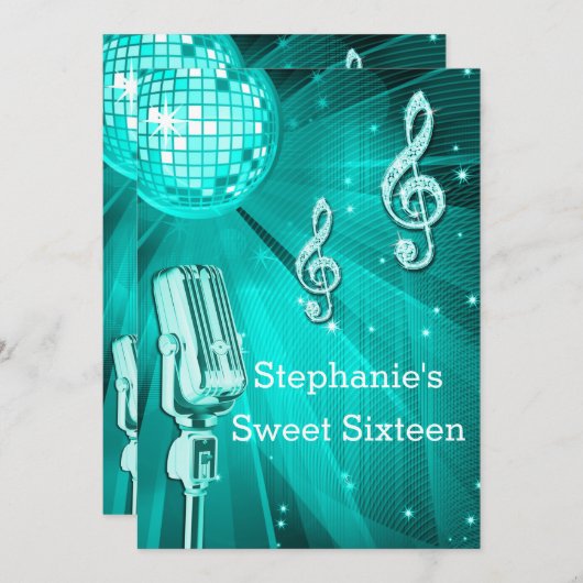 ティール（緑がかった色）のディスコの球およびレトロのマイクロフォンのSweet sixteen 招待状 (正面/裏面)