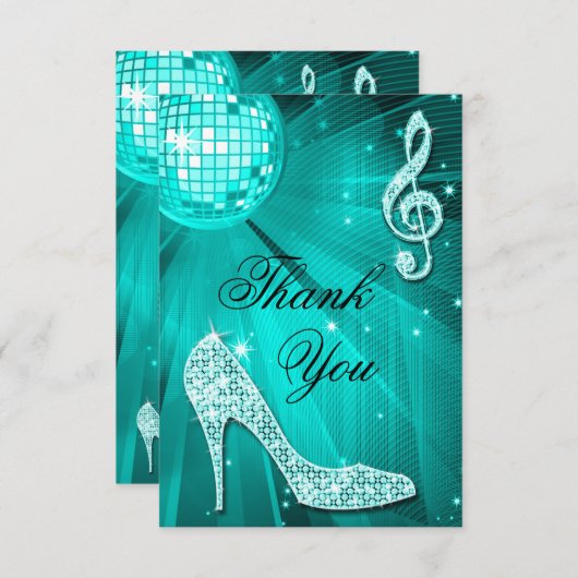 ティール（緑がかった色）のディスコの球の輝きのかかとは感謝していしています サンキューカード (正面/裏面)
