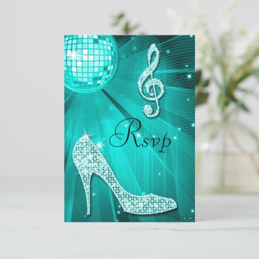 ティール(緑がかった色)のディスコの球の輝きはRSVPをかかとで蹴ります 出欠カード (スタンド正面)