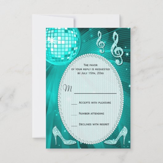 ティール(緑がかった色)のディスコの球の輝きはRSVPをかかとで蹴ります 出欠カード (裏面)