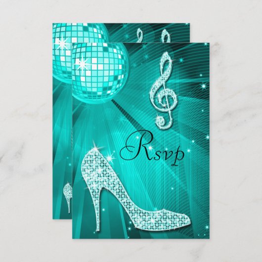 ティール(緑がかった色)のディスコの球の輝きはRSVPをかかとで蹴ります 出欠カード (正面/裏面)