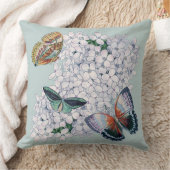 ティール(緑がかった色)のトーンのアジサイに蝶 クッション (ブランケット)