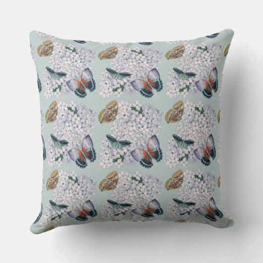 ティール（緑がかった色）のトーンのアジサイに蝶 クッション (裏面)