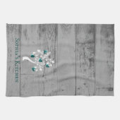 ティール(緑がかった色)のハートのパーソナライズされたキッチンタオル キッチンタオル (横)