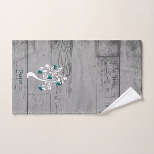 ティール(緑がかった色)のハートパーソナライズされたバスタオルセット バスタオルセット (ハンドタオル)