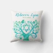 ティール(緑がかった色)のバルミツワー緑の水彩画の生命の樹 クッション (裏面)