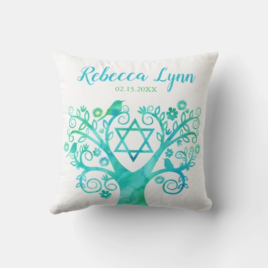 ティール（緑がかった色）のバルミツワー緑の水彩画の生命の樹 クッション (裏面)
