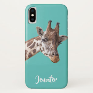 ティール(緑がかった色)のパーソナライズな名前のキリンのポートレー iPhone X ケース