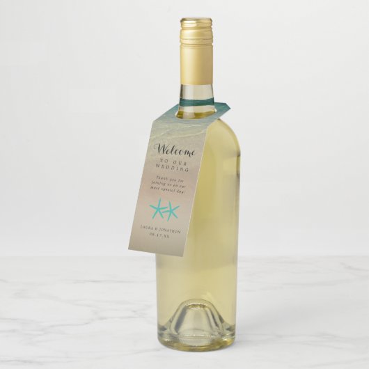 ティール(緑がかった色)のヒトデの熱帯サンディのビーチ結婚式の好意 ボトルネックタグ (アングル)