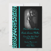 ティール（緑がかった色）のヒョウのアニマルプリントの卒業の発表 招待状 (裏面)