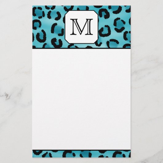ティール（緑がかった色）のヒョウのプリント、カスタムなモノグラム 便箋 (正面)